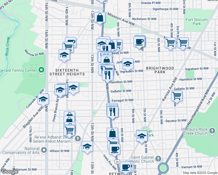map of restaurants, bars, coffee shops, grocery stores, and more near 5111 Georgia Avenue Northwest in Washington