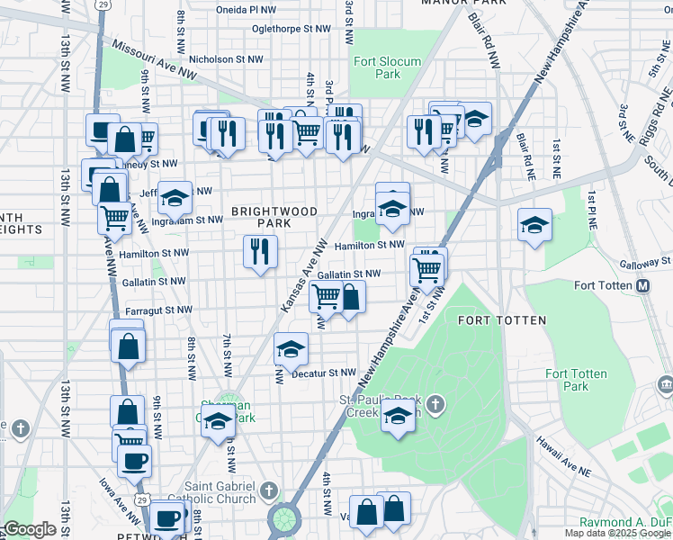 map of restaurants, bars, coffee shops, grocery stores, and more near 319 Gallatin Street Northwest in Washington