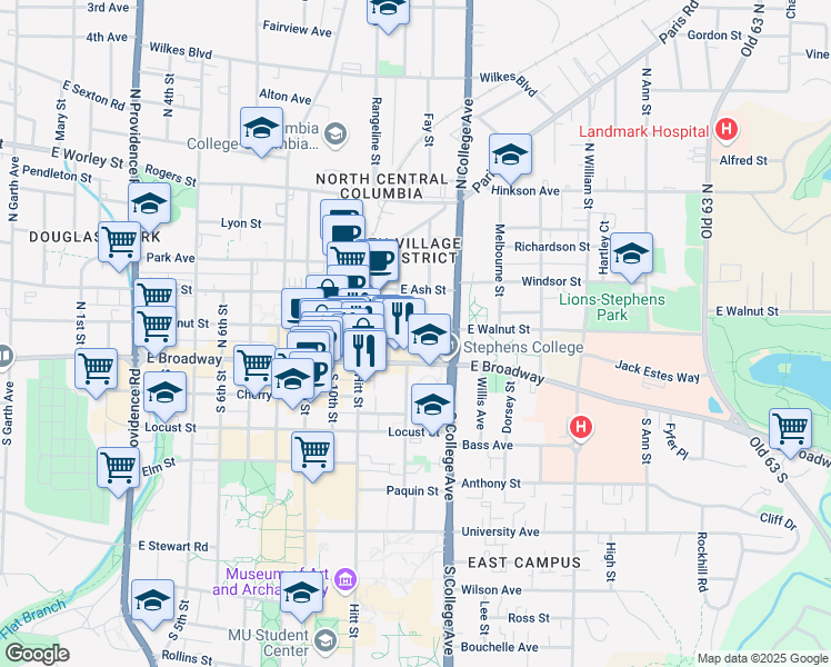 map of restaurants, bars, coffee shops, grocery stores, and more near 1222 East Walnut Street in Columbia