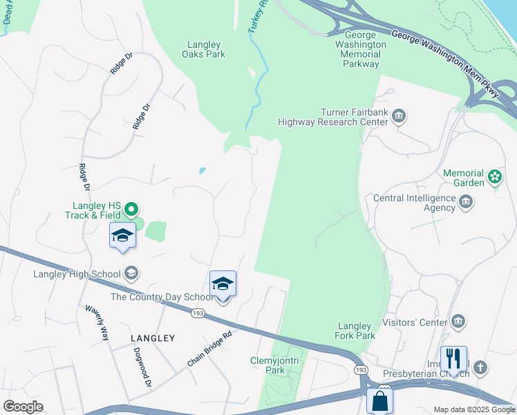 map of restaurants, bars, coffee shops, grocery stores, and more near 819 Turkey Run Rd in McLean