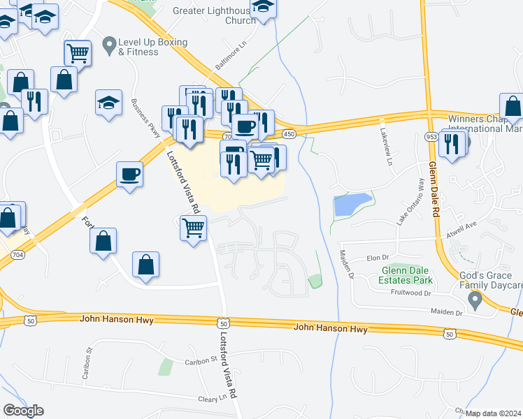 map of restaurants, bars, coffee shops, grocery stores, and more near 10607 Heather Glen Way in Bowie