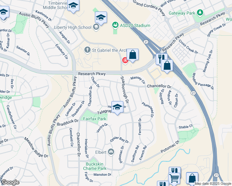 map of restaurants, bars, coffee shops, grocery stores, and more near 8269 Wilmington Drive in Colorado Springs