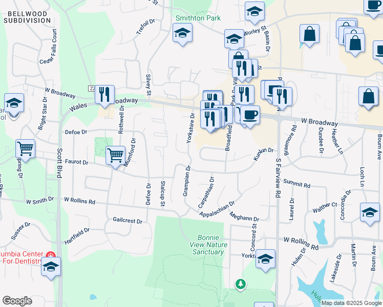map of restaurants, bars, coffee shops, grocery stores, and more near 200 Yorkshire Drive in Columbia
