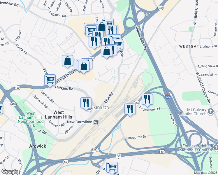 map of restaurants, bars, coffee shops, grocery stores, and more near 5115 Ellin Road in Hyattsville