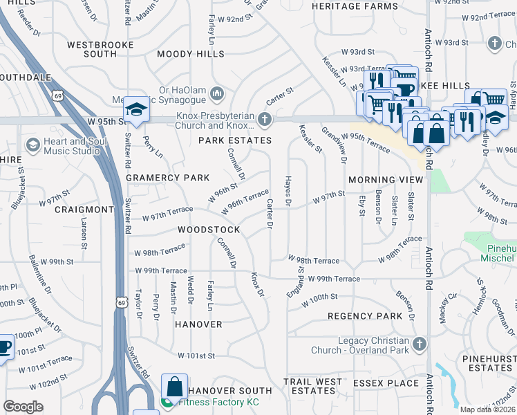 map of restaurants, bars, coffee shops, grocery stores, and more near 9601 West 97th Street in Overland Park