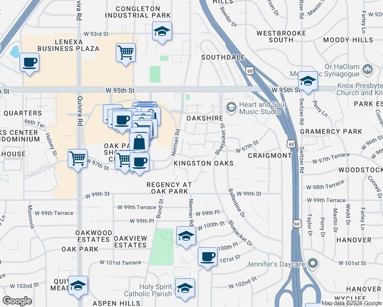 map of restaurants, bars, coffee shops, grocery stores, and more near 11043 West 97th Circle in Overland Park