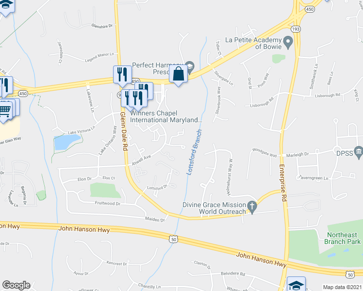 map of restaurants, bars, coffee shops, grocery stores, and more near 11400 Deepwood Drive in Bowie