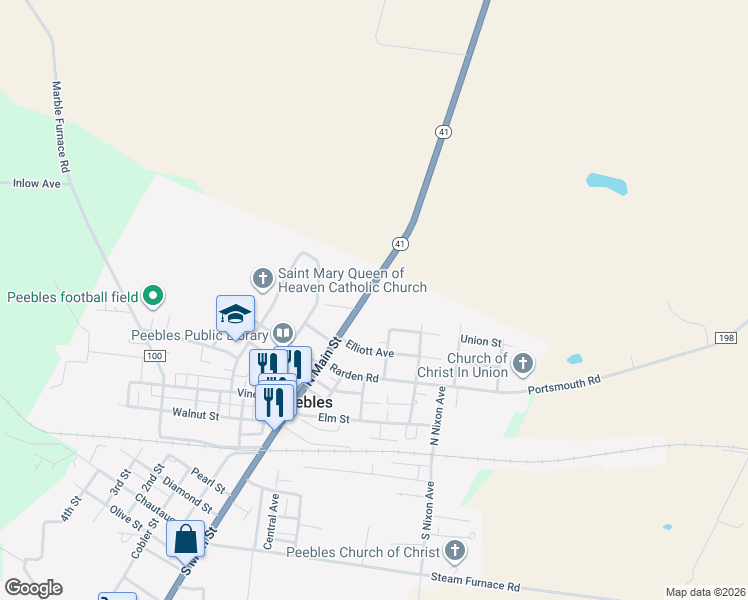 map of restaurants, bars, coffee shops, grocery stores, and more near 26766 State Route 41 in Peebles