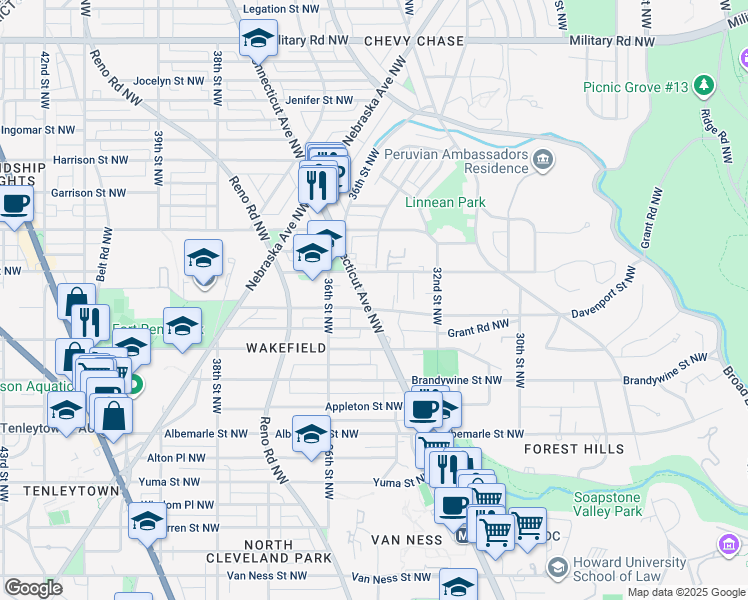 map of restaurants, bars, coffee shops, grocery stores, and more near 4801 Connecticut Avenue Northwest in Washington