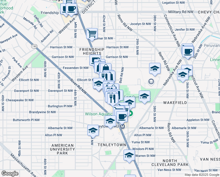 map of restaurants, bars, coffee shops, grocery stores, and more near 4801 Wisconsin Avenue Northwest in Washington