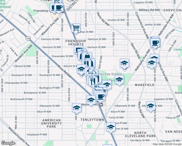 map of restaurants, bars, coffee shops, grocery stores, and more near 4801 Wisconsin Avenue Northwest in Washington
