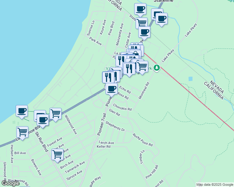 map of restaurants, bars, coffee shops, grocery stores, and more near 1022 Moss Road in South Lake Tahoe