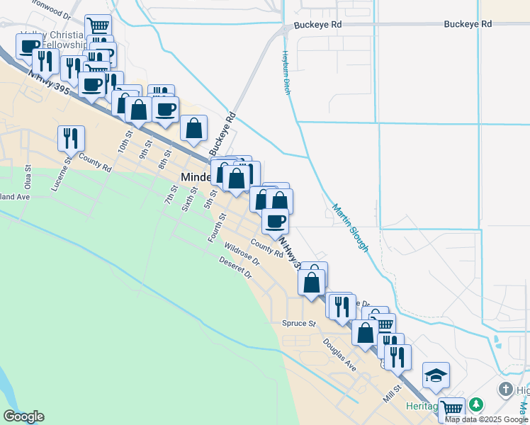 map of restaurants, bars, coffee shops, grocery stores, and more near 1615 Railroad Avenue in Minden