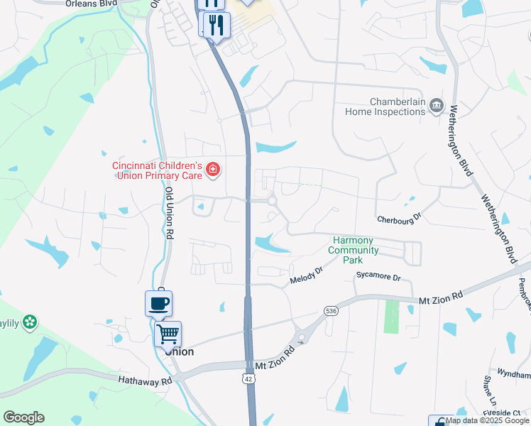 map of restaurants, bars, coffee shops, grocery stores, and more near 9725 Stillmeadow Court in Union