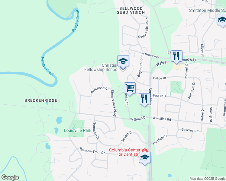 map of restaurants, bars, coffee shops, grocery stores, and more near Stone Valley Parkway in Columbia