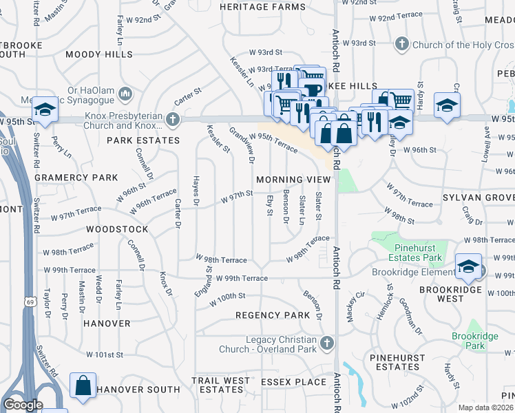 map of restaurants, bars, coffee shops, grocery stores, and more near 9718 Eby Street in Overland Park