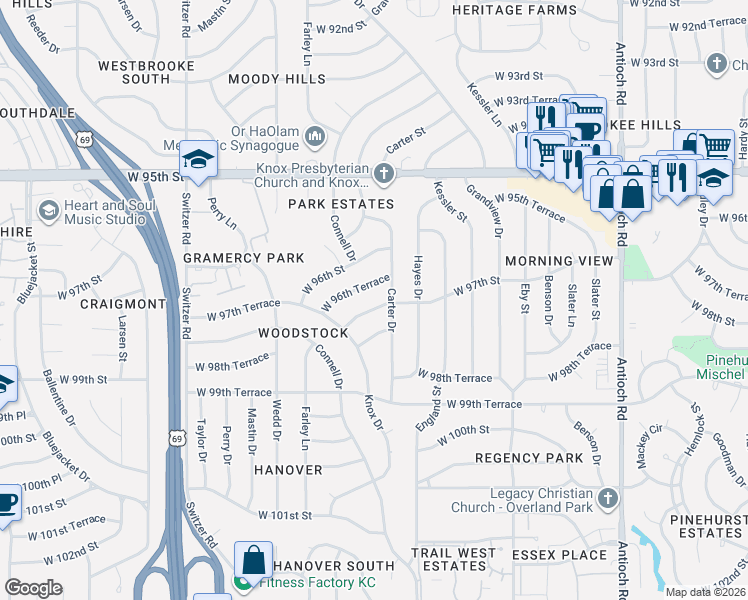 map of restaurants, bars, coffee shops, grocery stores, and more near 9601 West 97th Street in Overland Park