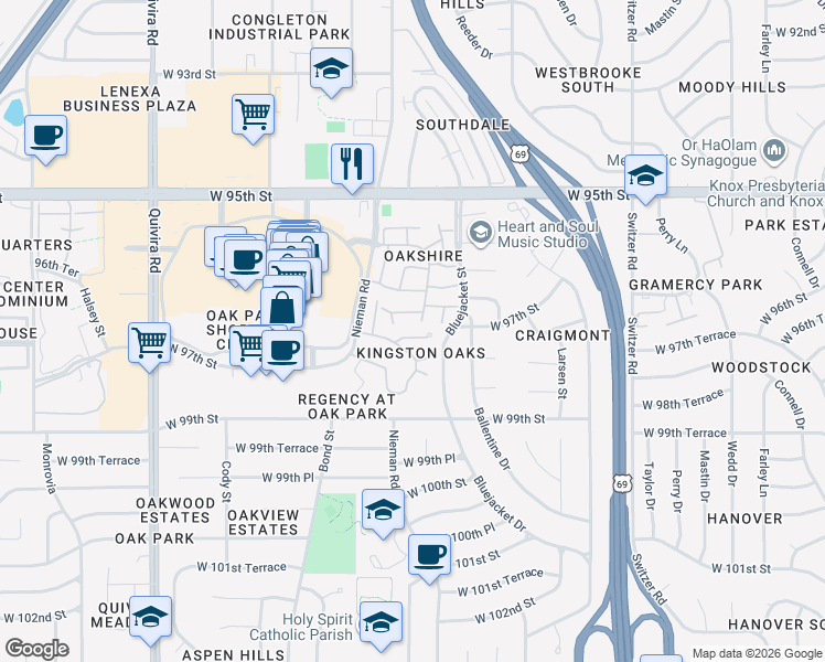 map of restaurants, bars, coffee shops, grocery stores, and more near 9727 Reeder Drive in Overland Park