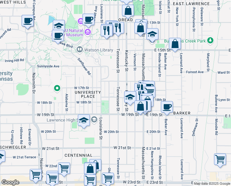 map of restaurants, bars, coffee shops, grocery stores, and more near 1747 Tennessee Street in Lawrence