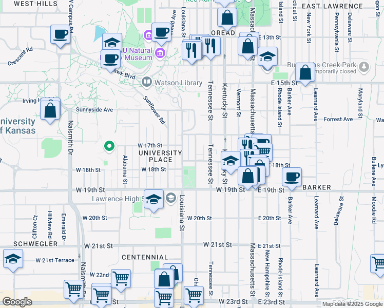 map of restaurants, bars, coffee shops, grocery stores, and more near 1743 Ohio Street in Lawrence