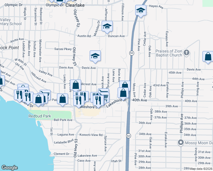 map of restaurants, bars, coffee shops, grocery stores, and more near 15105 Hillcrest Avenue in Clearlake