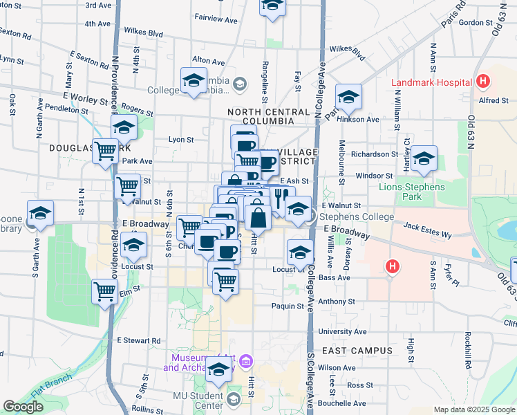 map of restaurants, bars, coffee shops, grocery stores, and more near 1034 E Walnut St in Columbia