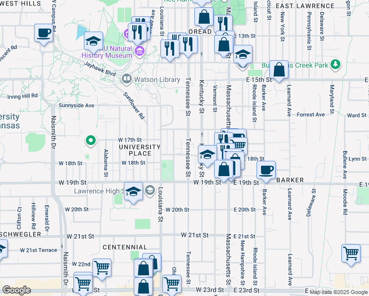 map of restaurants, bars, coffee shops, grocery stores, and more near 1747 Tennessee Street in Lawrence
