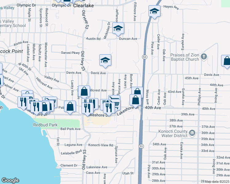 map of restaurants, bars, coffee shops, grocery stores, and more near 15105 Hillcrest Avenue in Clearlake
