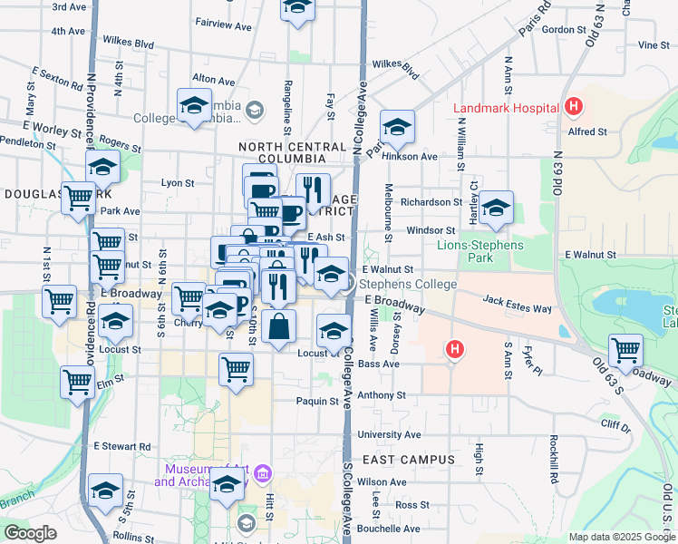 map of restaurants, bars, coffee shops, grocery stores, and more near 1224 East Walnut Street in Columbia