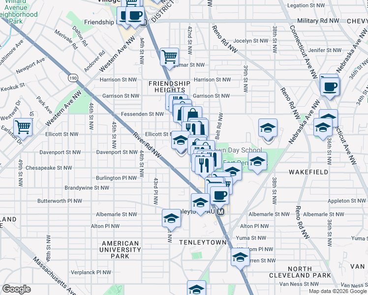 map of restaurants, bars, coffee shops, grocery stores, and more near 4203 Davenport Street Northwest in Washington