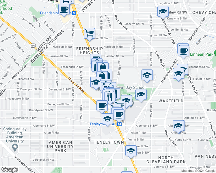 map of restaurants, bars, coffee shops, grocery stores, and more near 4801 Wisconsin Avenue Northwest in Washington