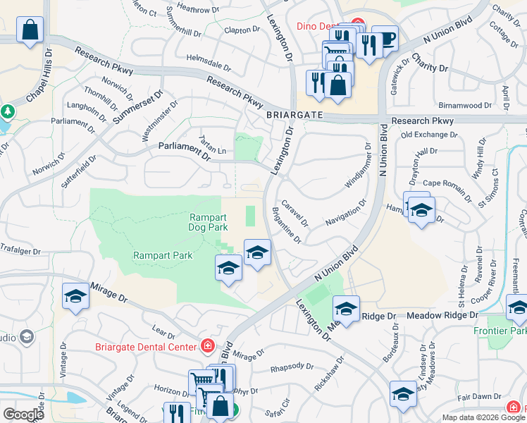 map of restaurants, bars, coffee shops, grocery stores, and more near 8320-8398 Lexington Drive in Colorado Springs