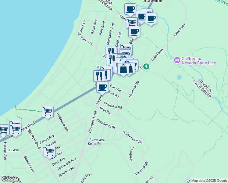 map of restaurants, bars, coffee shops, grocery stores, and more near 1031 Moss Road in South Lake Tahoe