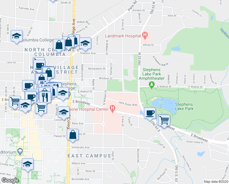 map of restaurants, bars, coffee shops, grocery stores, and more near 1698 East Walnut Street in Columbia