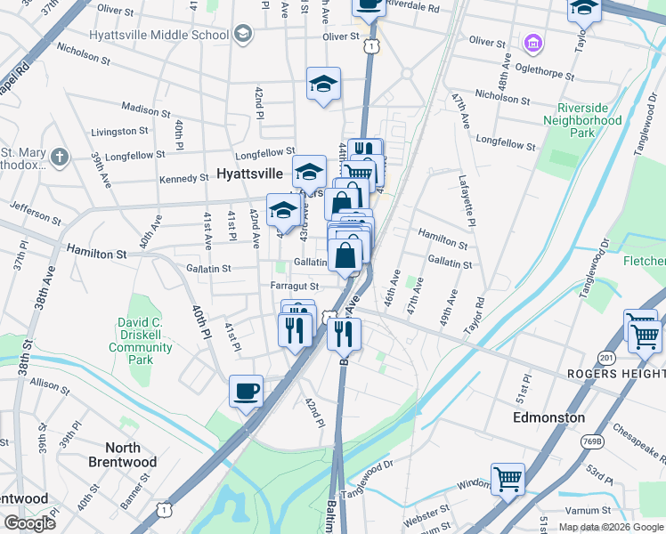 map of restaurants, bars, coffee shops, grocery stores, and more near 4325 Gallatin Street in Hyattsville