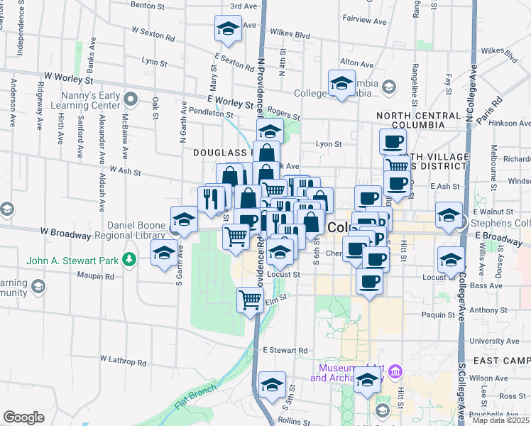 map of restaurants, bars, coffee shops, grocery stores, and more near 18 North Providence Road in Columbia