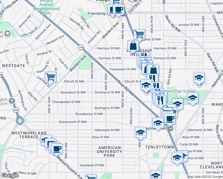 map of restaurants, bars, coffee shops, grocery stores, and more near 4435 Davenport Street Northwest in Washington