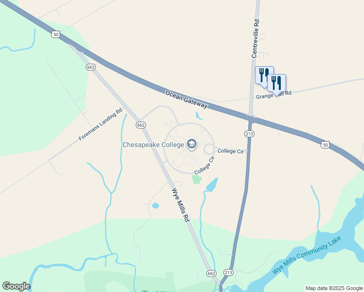 map of restaurants, bars, coffee shops, grocery stores, and more near 1000 College Circle in Wye Mills