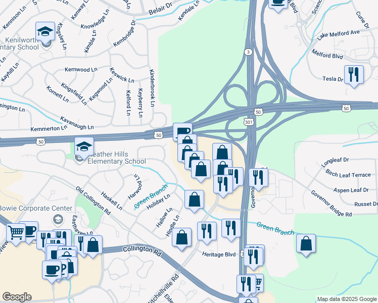 map of restaurants, bars, coffee shops, grocery stores, and more near 4600 Mitchellville Road in Bowie