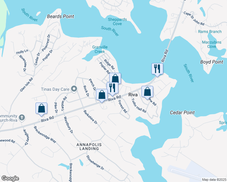 map of restaurants, bars, coffee shops, grocery stores, and more near 406 Paradise Road in Riva