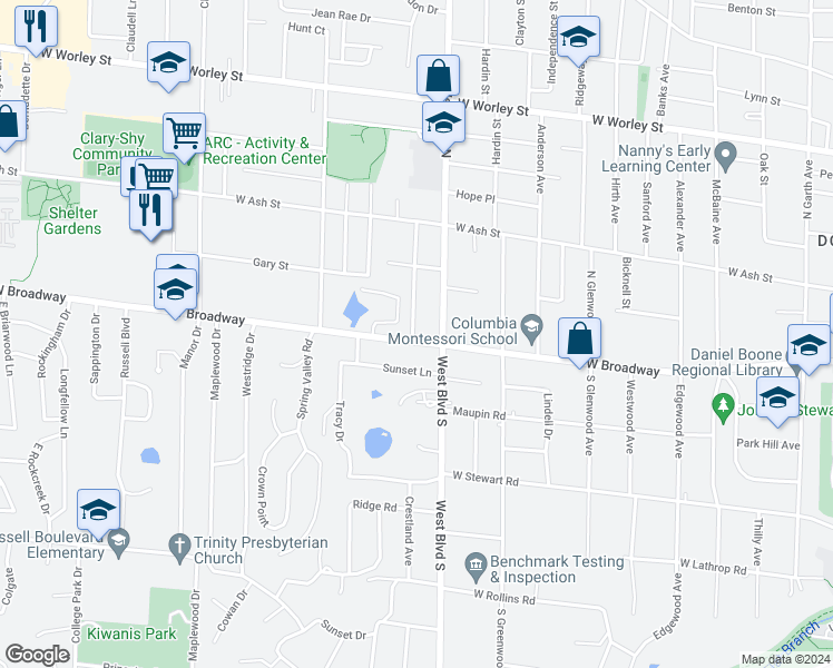 map of restaurants, bars, coffee shops, grocery stores, and more near 1011 West Broadway in Columbia