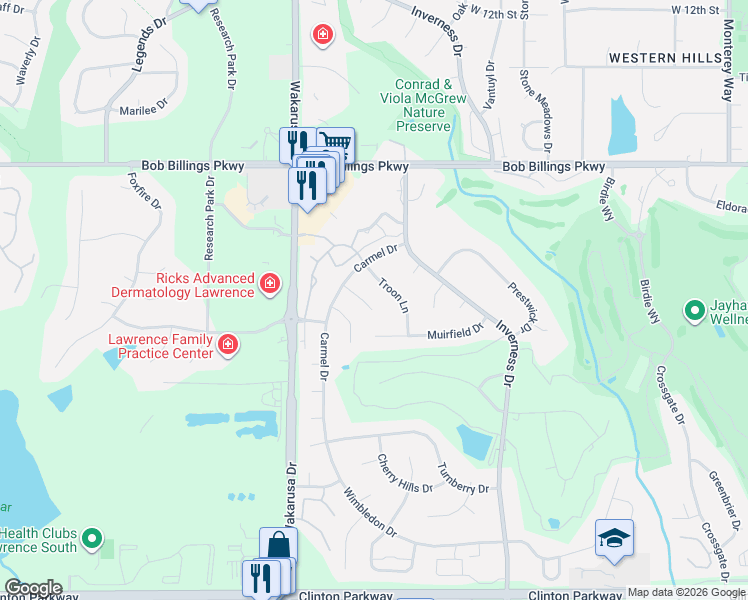 map of restaurants, bars, coffee shops, grocery stores, and more near 4709 Carmel Court in Lawrence