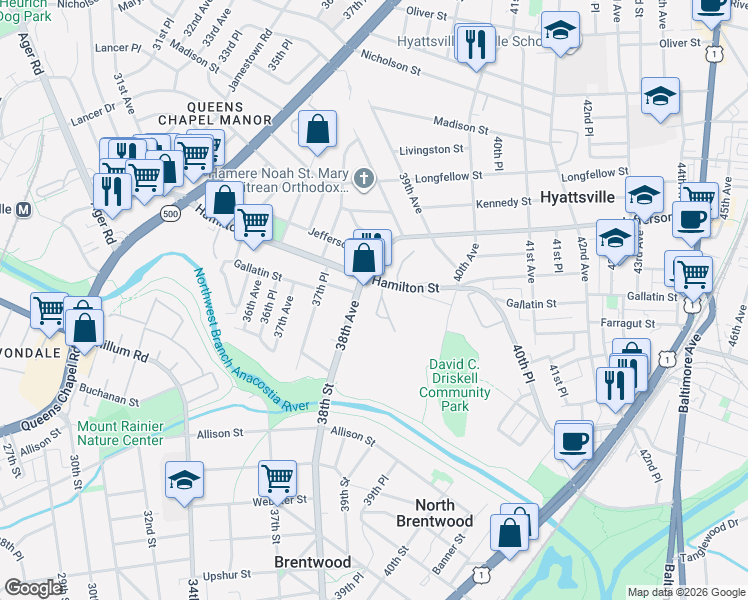 map of restaurants, bars, coffee shops, grocery stores, and more near 3823 Hamilton Street in Hyattsville