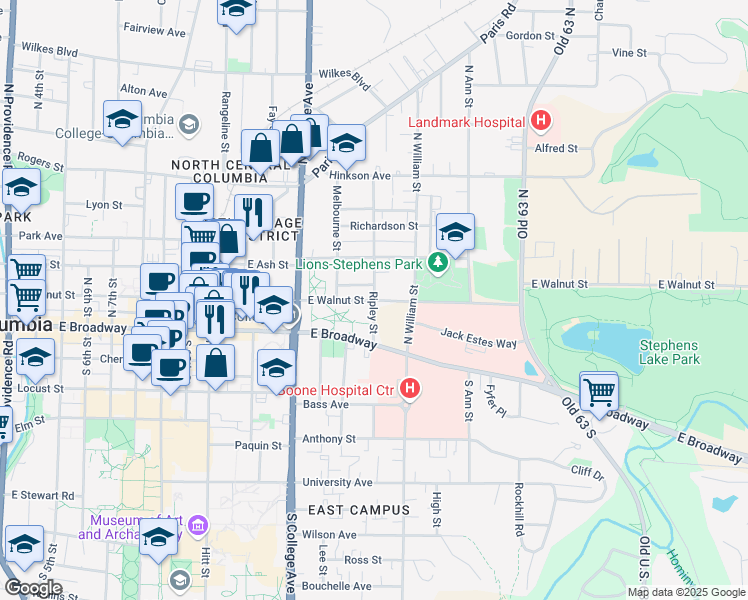 map of restaurants, bars, coffee shops, grocery stores, and more near East Walnut Street in Columbia