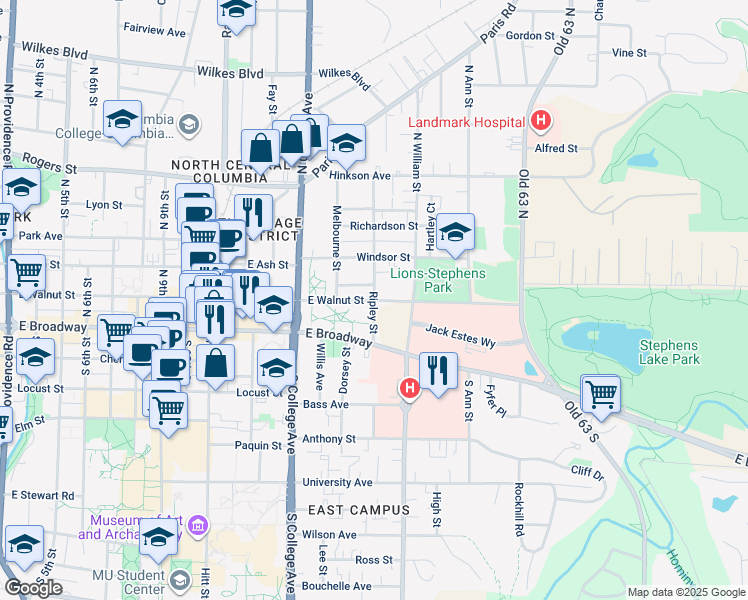 map of restaurants, bars, coffee shops, grocery stores, and more near East Walnut Street in Columbia
