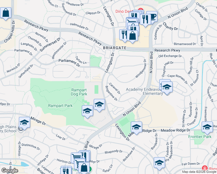 map of restaurants, bars, coffee shops, grocery stores, and more near 8261 Brigantine Drive in Colorado Springs