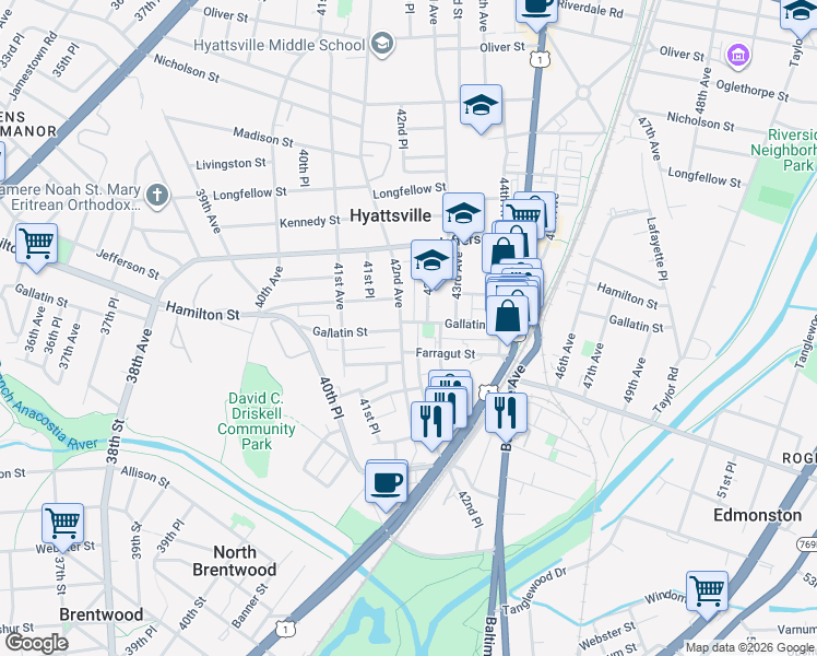map of restaurants, bars, coffee shops, grocery stores, and more near 101 Independence Avenue Southeast in Washington