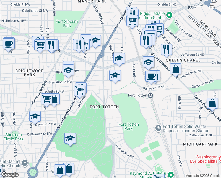 map of restaurants, bars, coffee shops, grocery stores, and more near 5039 North Capitol Street Northwest in Washington