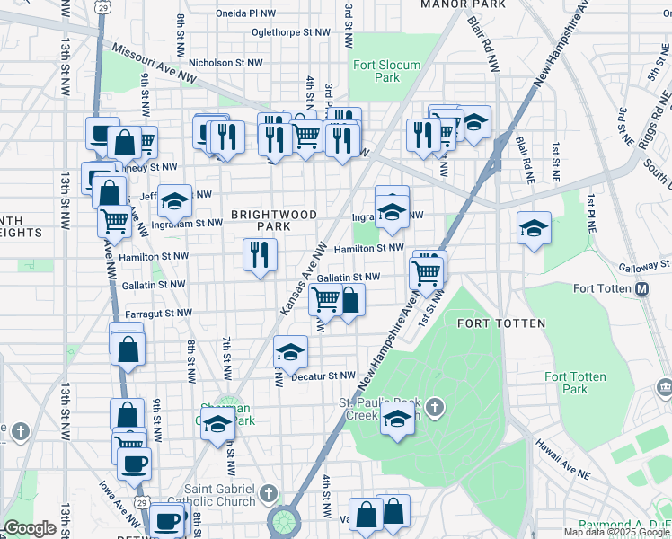 map of restaurants, bars, coffee shops, grocery stores, and more near 319 Gallatin Street Northwest in Washington