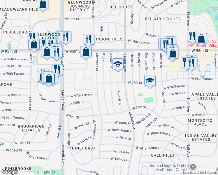 map of restaurants, bars, coffee shops, grocery stores, and more near 9732 Walmer Street in Overland Park